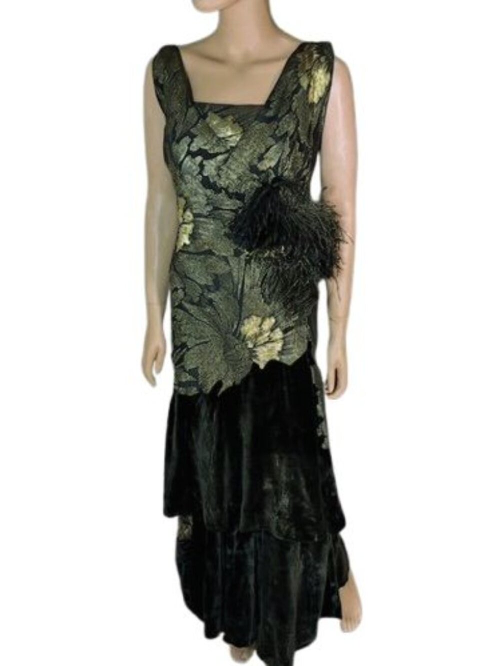 1920's Flappers Black Silk Velvet Metallic Gold Lame gown with Ostrich feather